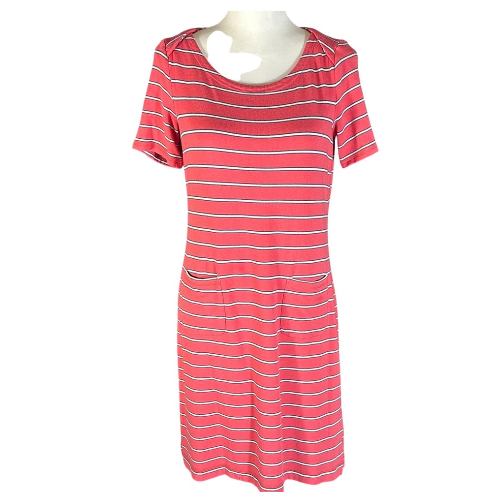 T by Talbots T-Shirt Dress Women SP Pink Striped Short Sleeve Pockets Knit